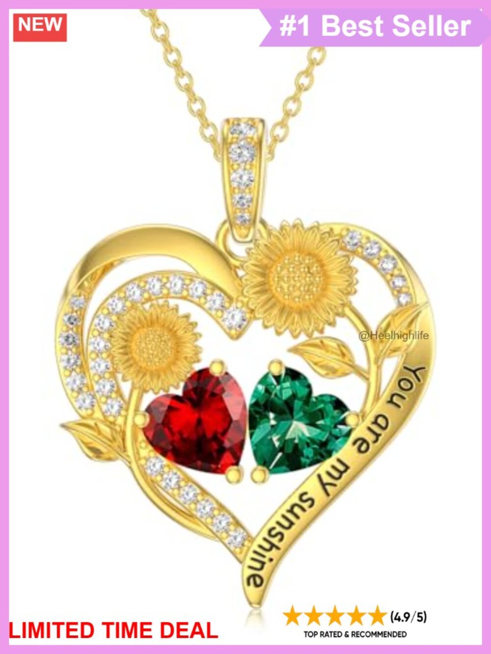 Double Birthstone Necklace 14K Gold Plated Sunflower Heart Pendant Gift for Her